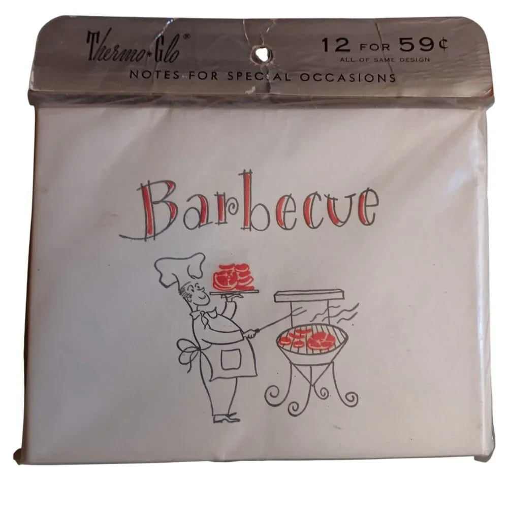 Vintage Thermo-Glo Barbecue Party Invitations 1960's 12 Cards Envelopes NEW DS